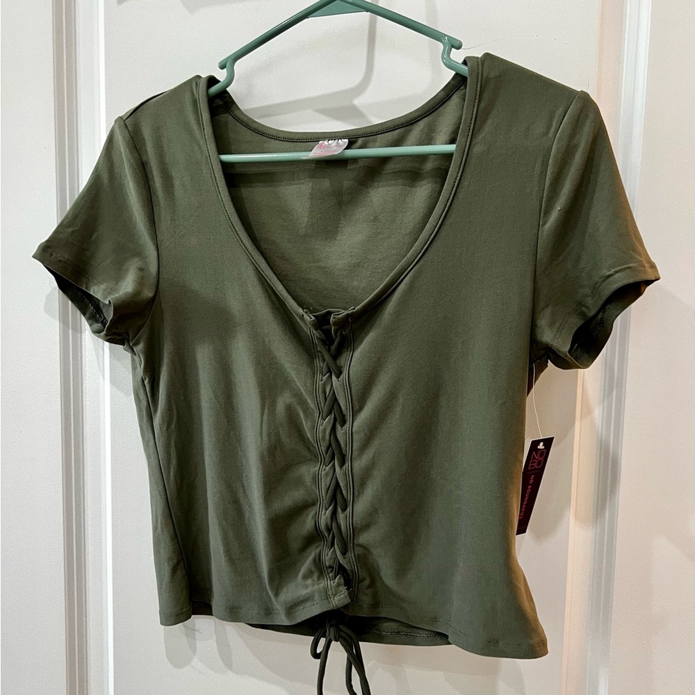 No Boundaries, knit crop shirt, khaki green, large